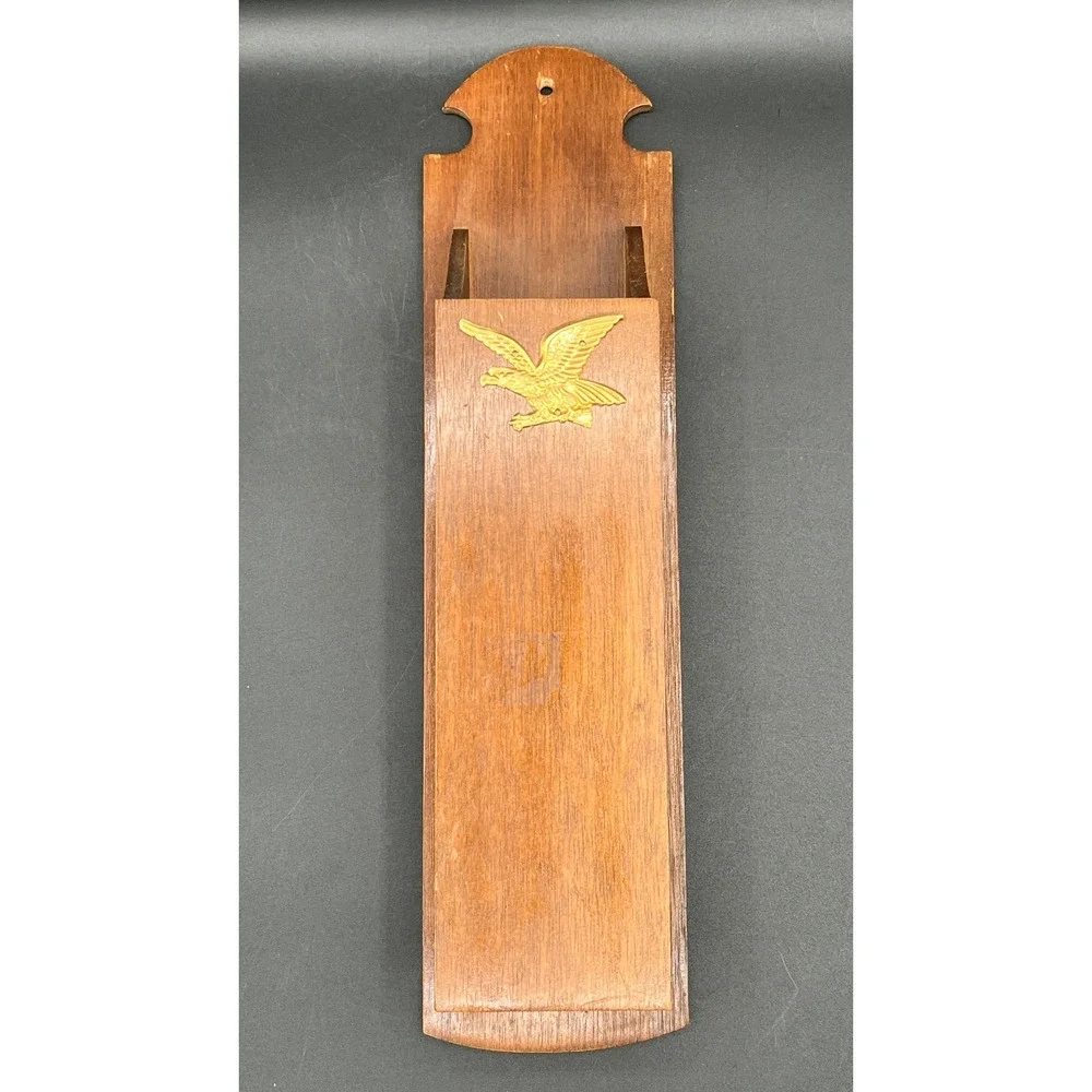 Vtg Wood Wall Hanging Long Match Stick Holder Gold Eagle Americana MCM 14.5